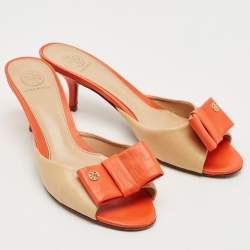 Pre Owned Tory Burch Beige/Orange Leather Bow Slide Sandals Size 39.5