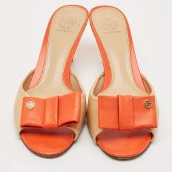 Pre Owned Tory Burch Beige/Orange Leather Bow Slide Sandals Size 39.5