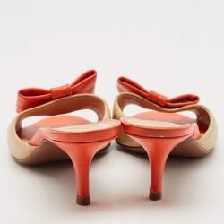 Pre Owned Tory Burch Beige/Orange Leather Bow Slide Sandals Size 39.5