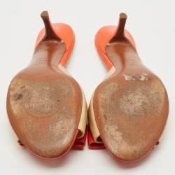 Pre Owned Tory Burch Beige/Orange Leather Bow Slide Sandals Size 39.5