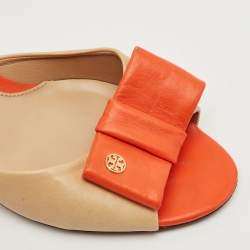 Pre Owned Tory Burch Beige/Orange Leather Bow Slide Sandals Size 39.5