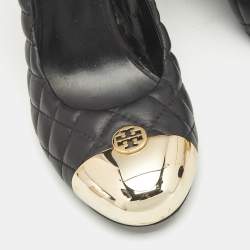 Pre Owned Tory Burch Black Quilted Leather Kaitlin Cap Toe Wedge Pumps Size 39