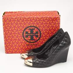 Pre Owned Tory Burch Black Quilted Leather Kaitlin Cap Toe Wedge Pumps Size 39