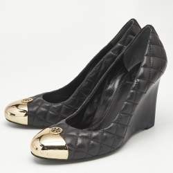 Pre Owned Tory Burch Black Quilted Leather Kaitlin Cap Toe Wedge Pumps Size 39