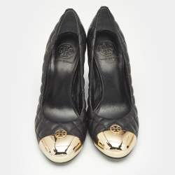 Pre Owned Tory Burch Black Quilted Leather Kaitlin Cap Toe Wedge Pumps Size 39