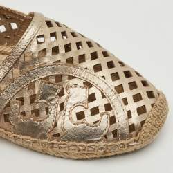 Pre Owned Tory Burch Gold Perforated Leather Espadrille Flats Size 36.5