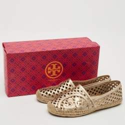 Pre Owned Tory Burch Gold Perforated Leather Espadrille Flats Size 36.5
