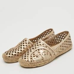 Pre Owned Tory Burch Gold Perforated Leather Espadrille Flats Size 36.5