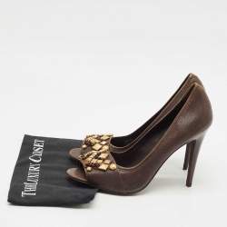 Tory Burch Dark Brown Leather Embellished Open Toe Pumps Size 41
