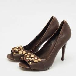 Tory Burch Dark Brown Leather Embellished Open Toe Pumps Size 41