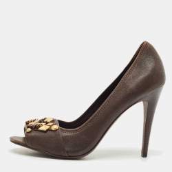 Tory Burch Dark Brown Leather Embellished Open Toe Pumps Size 41