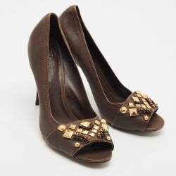 Tory Burch Dark Brown Leather Embellished Open Toe Pumps Size 41