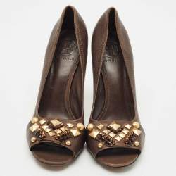 Tory Burch Dark Brown Leather Embellished Open Toe Pumps Size 41