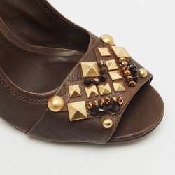 Tory Burch Dark Brown Leather Embellished Open Toe Pumps Size 41