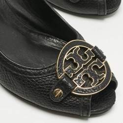 Pre Owned Tory Burch Black Leather Amanda Peep Toe Wedge Pumps Size 37.5