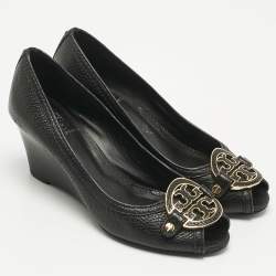 Pre Owned Tory Burch Black Leather Amanda Peep Toe Wedge Pumps Size 37.5