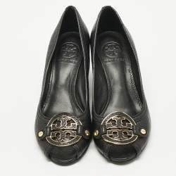 Pre Owned Tory Burch Black Leather Amanda Peep Toe Wedge Pumps Size 37.5