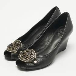 Pre Owned Tory Burch Black Leather Amanda Peep Toe Wedge Pumps Size 37.5