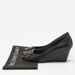 Pre Owned Tory Burch Black Leather Amanda Peep Toe Wedge Pumps Size 37.5