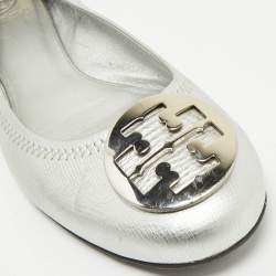 Tory Burch Metallic Silver Leather Reva Scrunch Ballet Flats Size 41