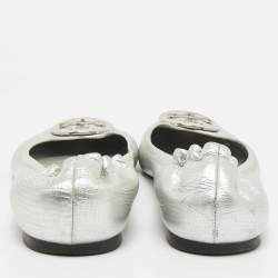Tory Burch Metallic Silver Leather Reva Scrunch Ballet Flats Size 41