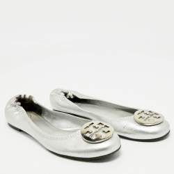 Tory Burch Metallic Silver Leather Reva Scrunch Ballet Flats Size 41
