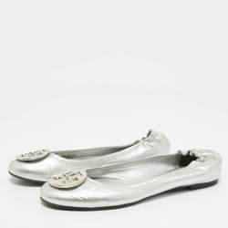 Tory Burch Metallic Silver Leather Reva Scrunch Ballet Flats Size 41