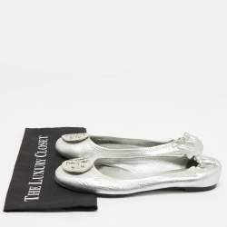 Tory Burch Metallic Silver Leather Reva Scrunch Ballet Flats Size 41