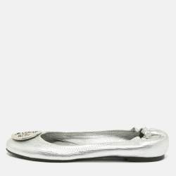 Tory Burch Metallic Silver Leather Reva Scrunch Ballet Flats Size 41