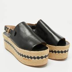 Tory Burch Black Leather Wedge Espadrille Sandals Size 40