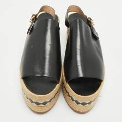 Tory Burch Black Leather Wedge Espadrille Sandals Size 40
