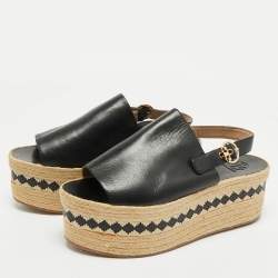 Tory Burch Black Leather Wedge Espadrille Sandals Size 40