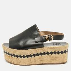 Tory Burch Black Leather Wedge Espadrille Sandals Size 40