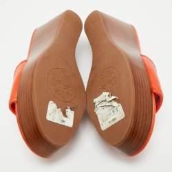 Tory Burch Orange Leather Patty Wedge Slide Sandals Size 38.5