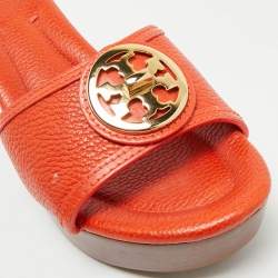 Tory Burch Orange Leather Patty Wedge Slide Sandals Size 38.5