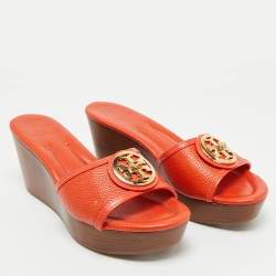 Tory Burch Orange Leather Patty Wedge Slide Sandals Size 38.5