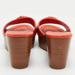 Tory Burch Orange Leather Patty Wedge Slide Sandals Size 38.5