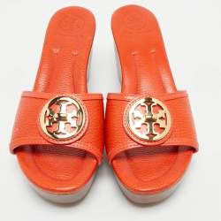 Tory Burch Orange Leather Patty Wedge Slide Sandals Size 38.5