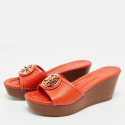 Tory Burch Orange Leather Patty Wedge Slide Sandals Size 38.5