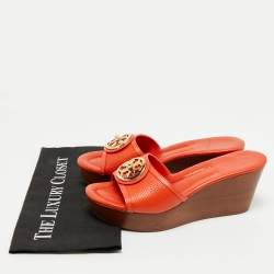 Tory Burch Orange Leather Patty Wedge Slide Sandals Size 38.5
