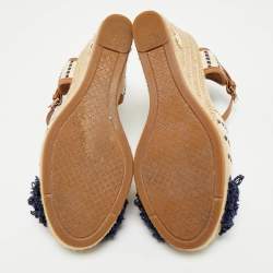 Tory Burch Multicolor Canvas And Leather Trim Wedge Espadrille Sandals Size 38