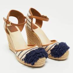 Tory Burch Multicolor Canvas And Leather Trim Wedge Espadrille Sandals Size 38