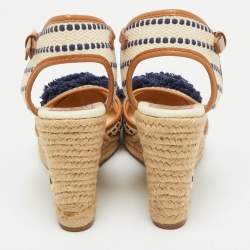 Tory Burch Multicolor Canvas And Leather Trim Wedge Espadrille Sandals Size 38