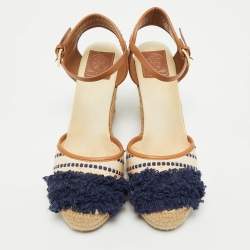 Tory Burch Multicolor Canvas And Leather Trim Wedge Espadrille Sandals Size 38
