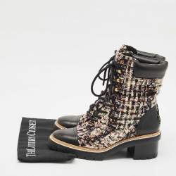 Pre Owned Tory Burch Multicolor Tweed and Leather Miller Lug Sole Combat Boots Size 39