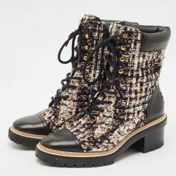 Pre Owned Tory Burch Multicolor Tweed and Leather Miller Lug Sole Combat Boots Size 39