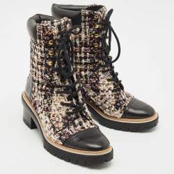 Pre Owned Tory Burch Multicolor Tweed and Leather Miller Lug Sole Combat Boots Size 39