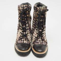 Pre Owned Tory Burch Multicolor Tweed and Leather Miller Lug Sole Combat Boots Size 39