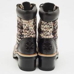 Pre Owned Tory Burch Multicolor Tweed and Leather Miller Lug Sole Combat Boots Size 39