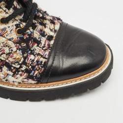 Pre Owned Tory Burch Multicolor Tweed and Leather Miller Lug Sole Combat Boots Size 39